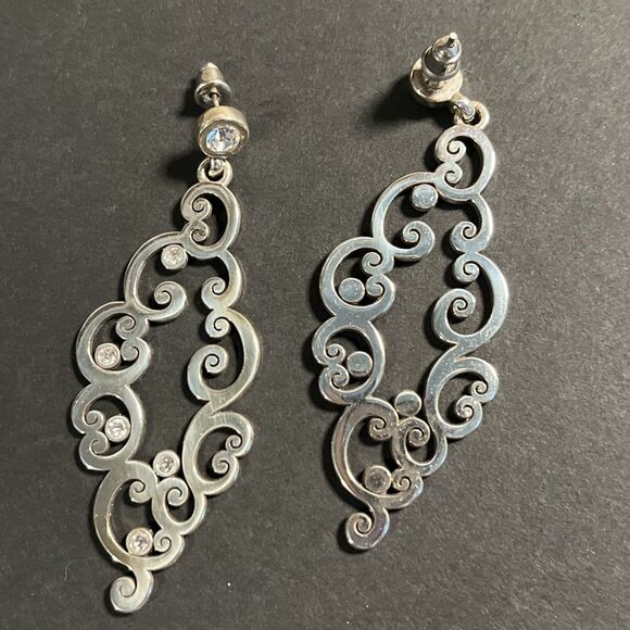 Brighton Pierced Earrings Silver Swirls Clear Crystals Accents Bag & Cloth  Incl - Picture 3 of 3